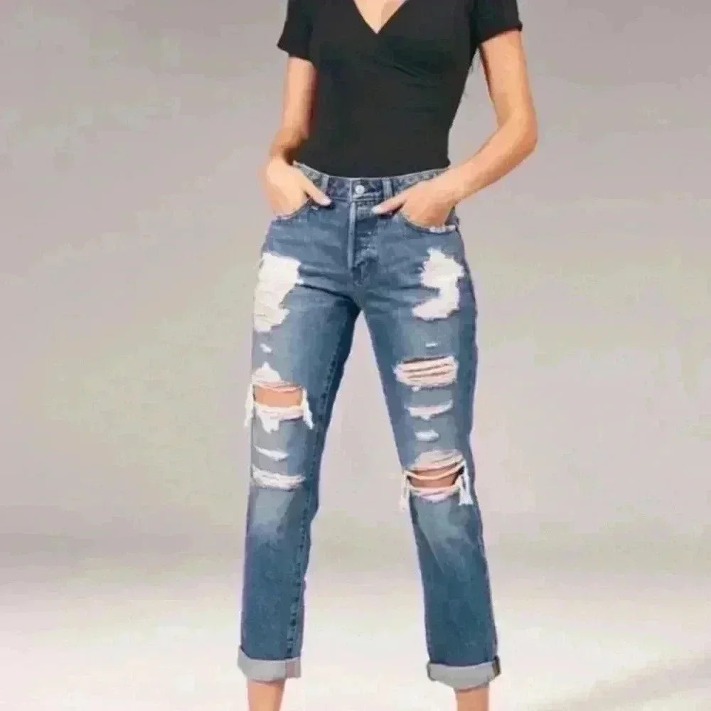 Abercrombie Fitch Slim Boyfriend Raw Hem Button Fly 100% Cotton Jeans Size 26